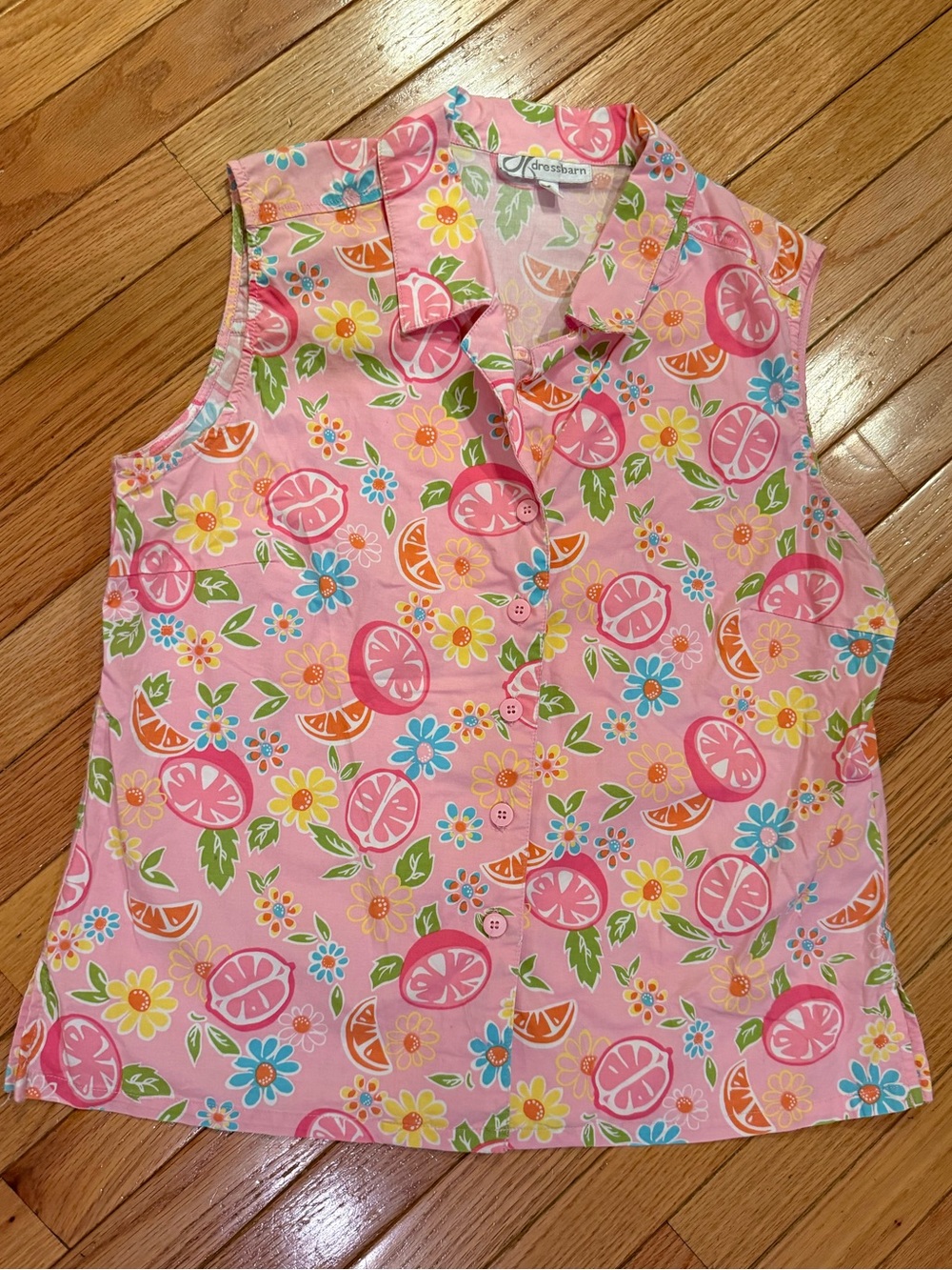 dressbarn Pink Lemon Print Sleeveless Cotton  & Floral Button Front Top summer